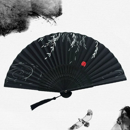 Bamboo Folding Fan with Silk — Chinese & Japanese Style Handheld Fan, Antique Art Craft for Summer Dance, Home Decor & Party