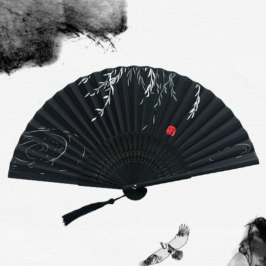 Bamboo Folding Fan with Silk — Chinese & Japanese Style Handheld Fan, Antique Art Craft for Summer Dance, Home Decor & Party
