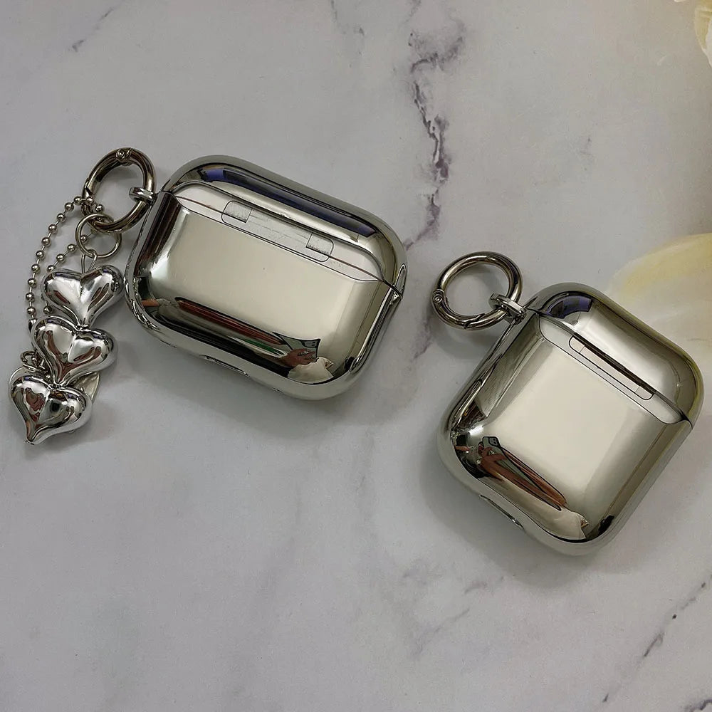 Electroplated Silver AirPods Case - Soft TPU Mirror Finish Cover with Heart Keychain for AirPods 1/2/3/4/5 & Pro 2