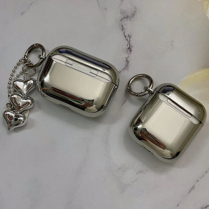 Electroplated Silver AirPods Case - Soft TPU Mirror Finish Cover with Heart Keychain for AirPods 1/2/3/4/5 & Pro 2