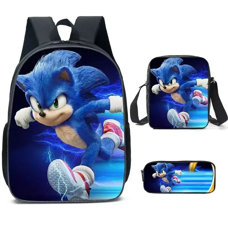 3PC Cartoon School Bag Set – Sonic Lunch Bag, Pencil Case & Backpack for Primary & Middle School Students