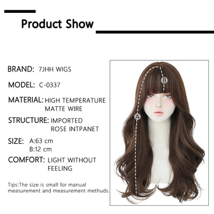 7JHH Brown Ash Long Deep Wave Lolita Wig for Women — Synthetic Hair with Bangs, Thick Curly Fashion Wig