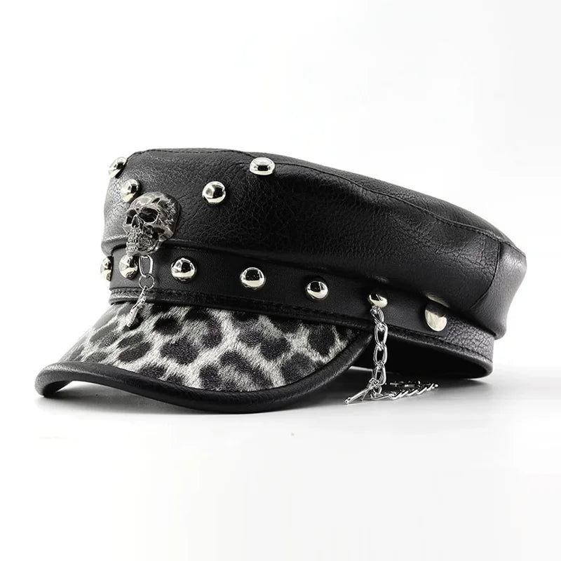 Women’s Punk PU Leather Beret Hat – Vintage Flat Top Military Style Cap for Outdoor Casual Wear & Street Fashion Accessories