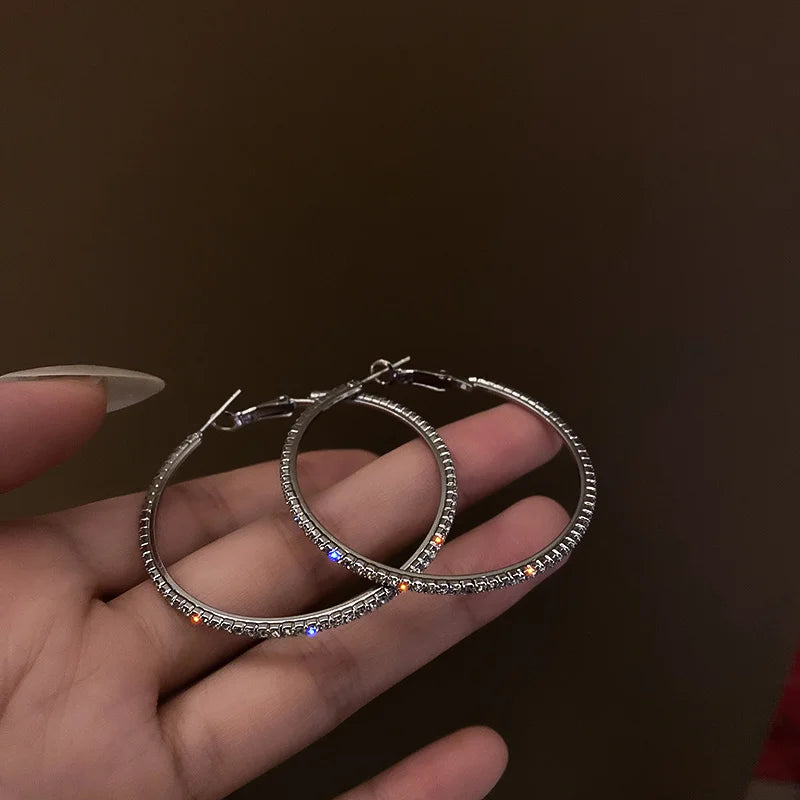 Women’s Shiny Large Circle Cross Hoop Earrings – Rhinestone Geometric High-End Fashion Jewelry