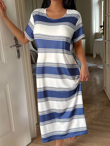 Women’s Blue & White Striped Midi Nightgown – Loose Casual Lounge T-Shirt Style Sleepwear Dress