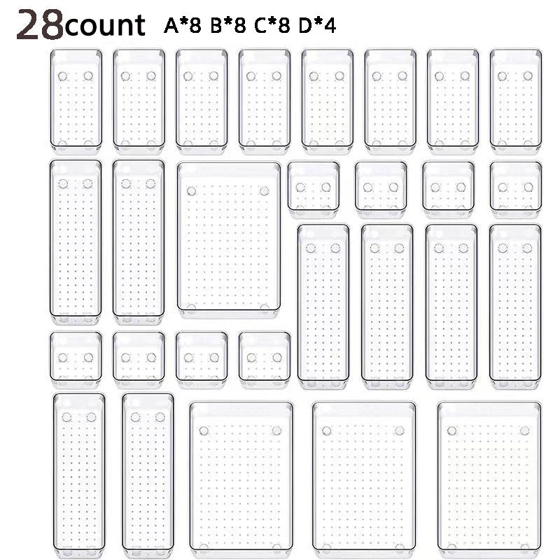 28PCS Clear Drawer Organizer Set - Multi-Size Storage Trays for Bathroom Vanity Kitchen & Bedroom