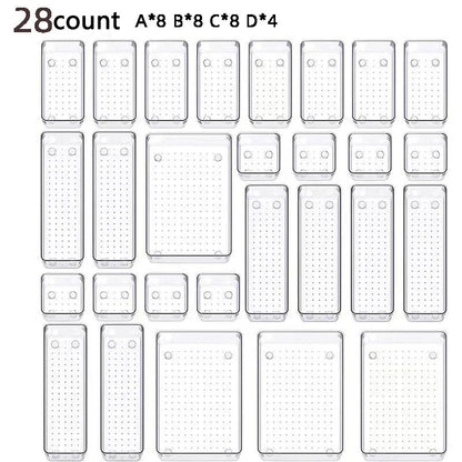 28PCS Clear Drawer Organizer Set - Multi-Size Storage Trays for Bathroom Vanity Kitchen & Bedroom