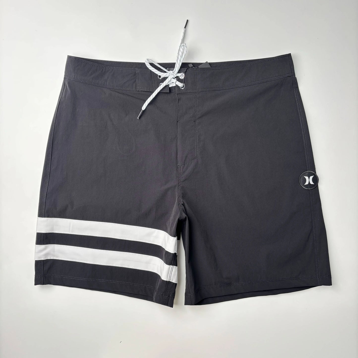 Men’s Two-Stripe Black Beach Shorts - Stretch Quick-Dry Bermuda Swim Trunks