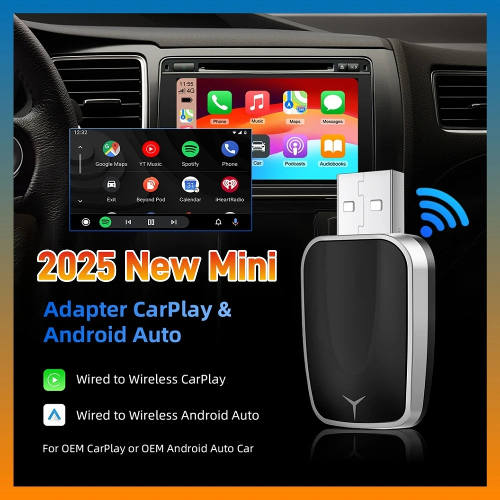 2-in-1 AI Box Mini Adapter – Wired to Wireless CarPlay & Android Auto, Plug and Play WiFi Smart Dongle, Compatible with 99% of Cars