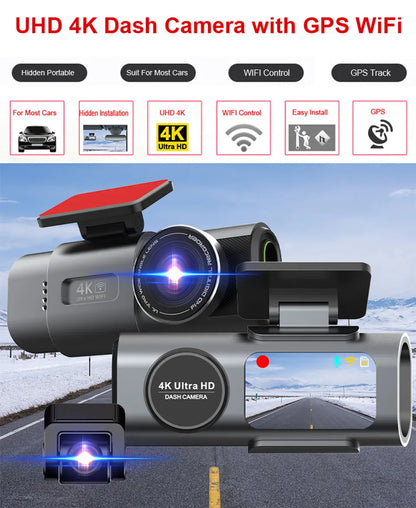 Dual Lens Dash Cam 4K UHD – Car Camera DVR with Night Vision, Wi-Fi, GPS, 24H Parking Monitoring