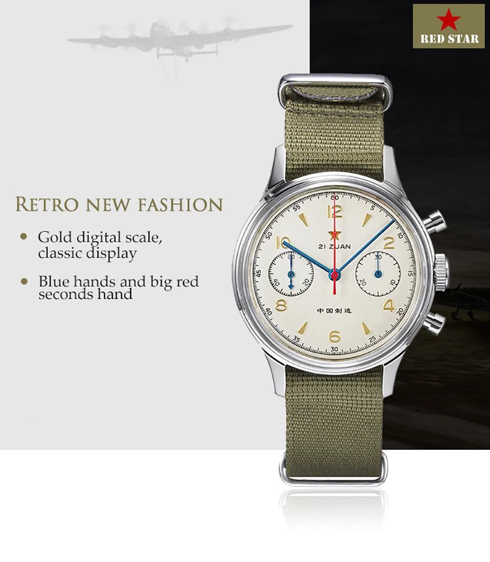 RED STAR 38mm Men's 1963 Chronograph Mechanical Watch – Pilot Air Force Aviation with Seagull ST1901 Movement & Sapphire Glass