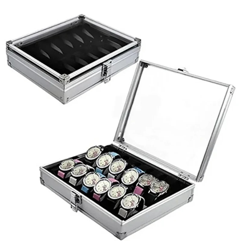 Aluminium Watch Storage Box — 12-Slot Jewelry Display Case with Suede Interior