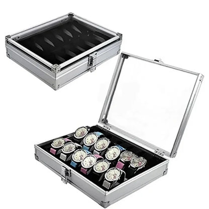 Aluminium Watch Storage Box — 12-Slot Jewelry Display Case with Suede Interior