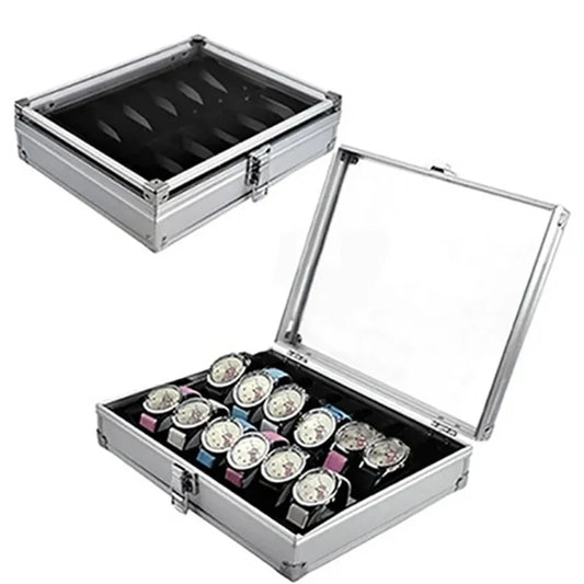 Aluminium Watch Storage Box — 12-Slot Jewelry Display Case with Suede Interior