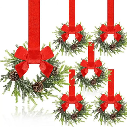 Set of 6 Mini Christmas Cabinet Wreaths with Ribbon Bows – Artificial Farmhouse Holiday Party Decorations