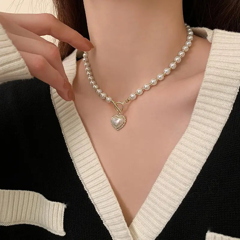 Elegant Pearl Necklace for Women – Heart Pendant Luxury Imitation Pearls Chain, Korean Jewelry Gift for Girls