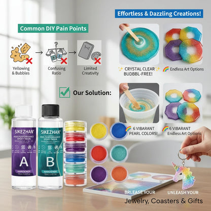 Crystal Clear Epoxy Resin Kit - AB Resin Glue with 6 Color Mica Powder for DIY Jewelry, Nail Art, Soap & Crafts