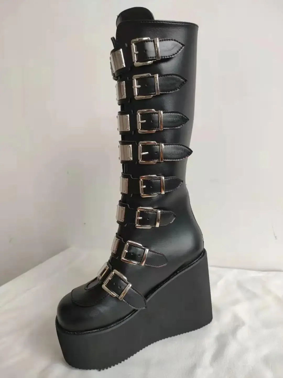 Women’s Gothic Boots – Cosplay High Heel Platform Wedges, Buckle Strap Long Tube Leather Boots, Plus Size Options