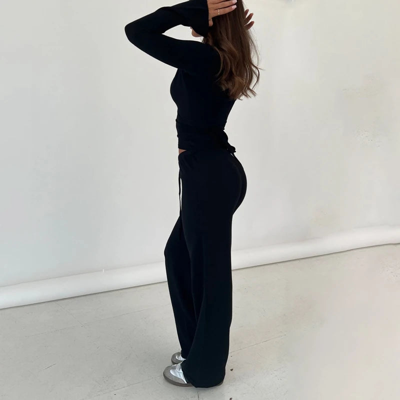 Women’s Vintage Lounge Set – 2-Piece V-Neck Tie T-Shirt & Elastic Waist Pants, Autumn Long Sleeve Crop Top Outfit