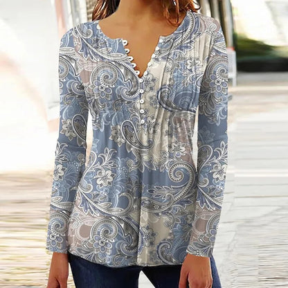 2024 Trendy 3D Printed Women’s Blouse Shirt – V Neck Button-Up 3/4 Sleeve Elegant Spring Summer Fashion Top