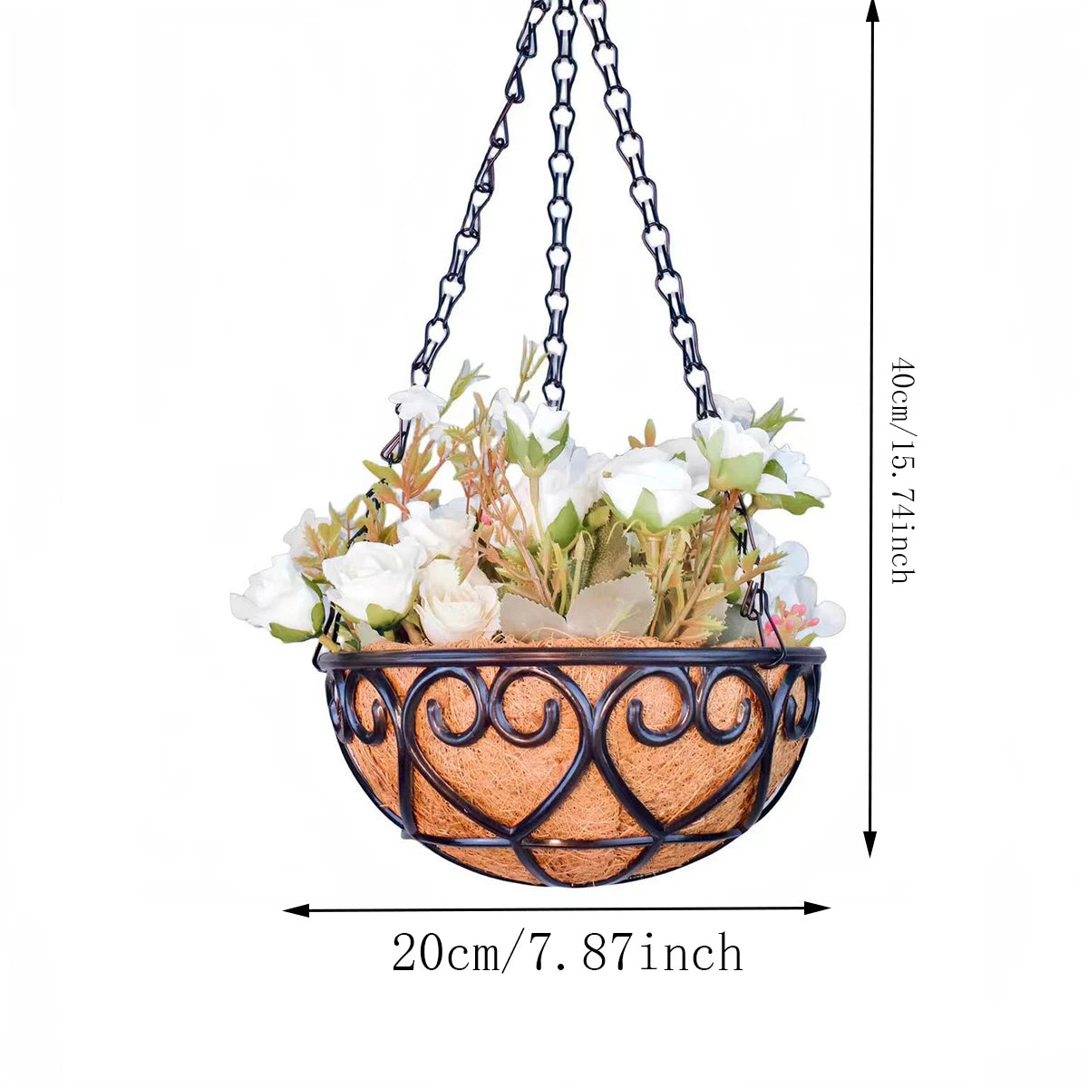 Coconut Brown Round Iron Chain Hanging Basket – European Style Flowerpot for Succulents & Chlorophytum Comosum Plants