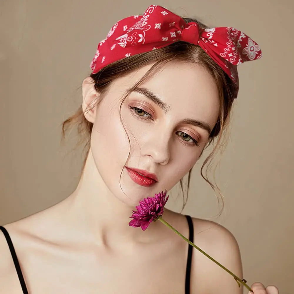 Fashion Paisley Bandana Headband — Knotted Bow Rabbit Ear Turban Hairwrap for Women & Girls