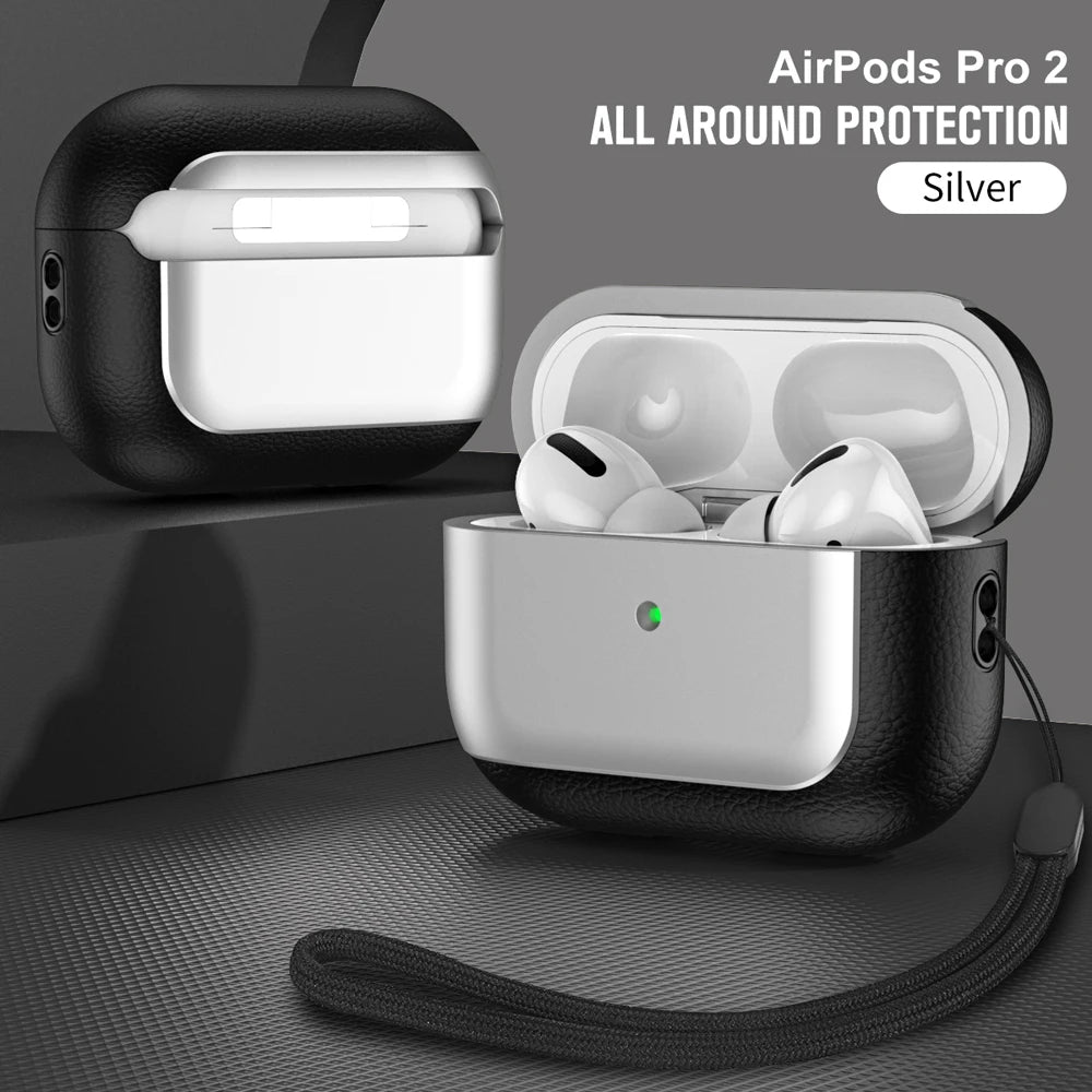 Luxury Leather Pattern Earphone Case for AirPods Pro 2/3/4 – Shockproof ANC Cover with Lanyard