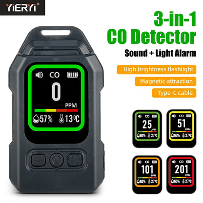Yieryi 3-in-1 CO Gas Leak Detector - Portable Carbon Monoxide Alarm with Flashlight, Temperature & Humidity Meter for Indoor Use