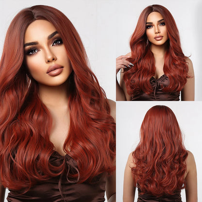 Copper Ginger Red Brown Synthetic Wig – Long Fluffy Wavy Wig with Bangs, Heat-Resistant Cosplay & Daily Wear Hair for Women