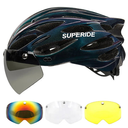 SUPERIDE Ultralight Cycling Helmet - In-Mold Road & MTB Bike Helmet with Magnetic Goggles & Sun Visor for Men & Women