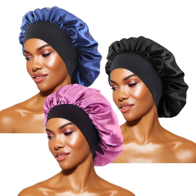 Women's Satin Wide-Brimmed Bonnet – Unisex Night Sleeping & Bathing Head Wrap with Elastic Band for Hair Care