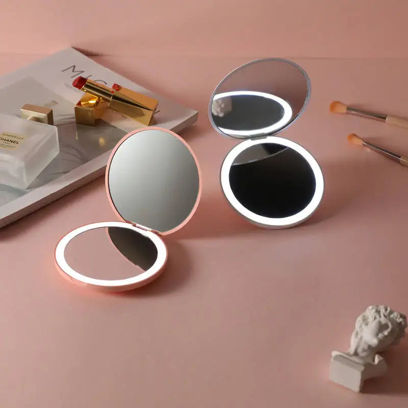 Personalized LED Makeup Mirror - Small Folding Double-Sided Compact Pocket Mirror for Women, Pink & White