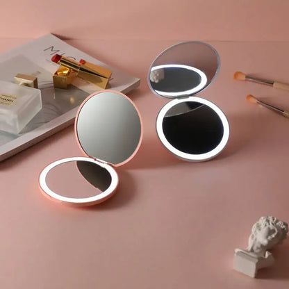 Personalized LED Makeup Mirror - Small Folding Double-Sided Compact Pocket Mirror for Women, Pink & White