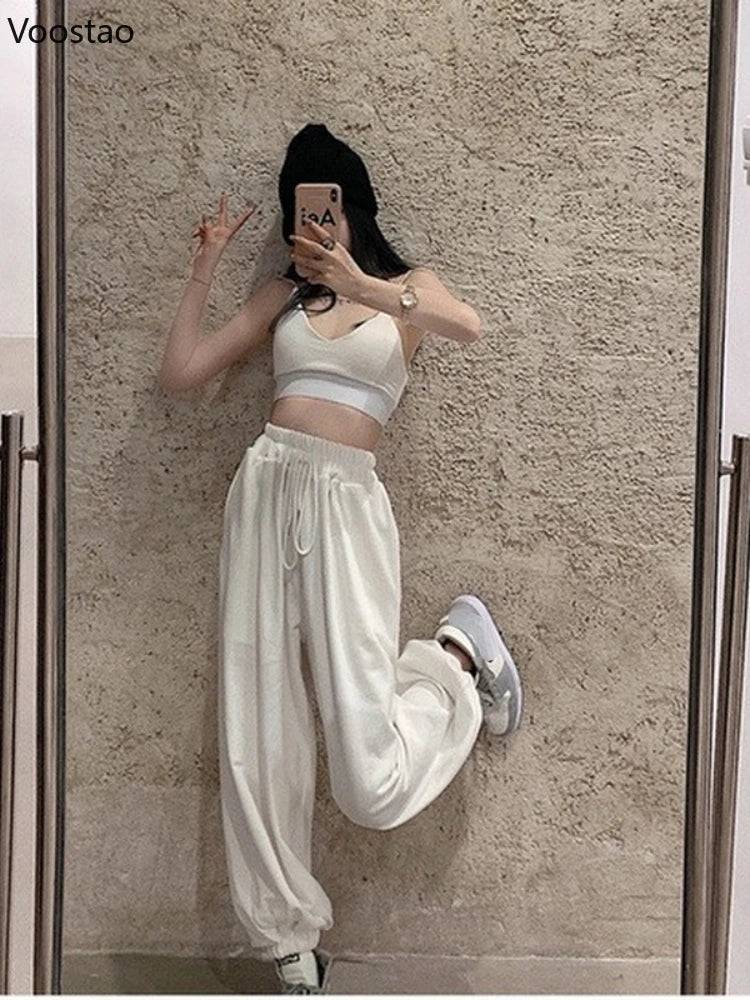 Women's White Wide Leg Jogger Sweatpants - Casual Fashion Sports Ankle-Length Trousers