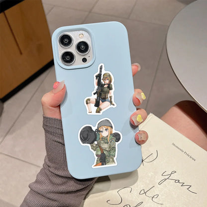 60-Piece Military Anime Girl Sticker Set - Waterproof Cartoon Graffiti Decals for Phones, Notebooks and Luggage