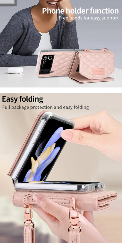 VIETAO Leather Wallet Phone Case with Crossbody Strap — Pink Purse Case for Samsung Galaxy Z Flip 3/4/5/6/7
