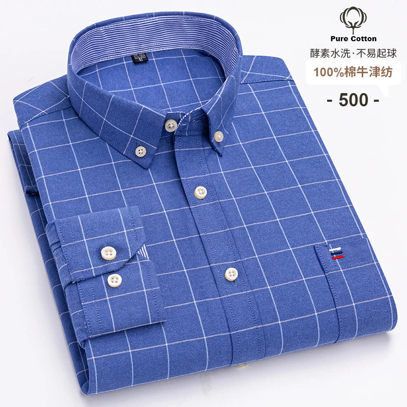 Men's 100% Cotton Oxford Plaid Shirt - Soft Regular Fit Long Sleeve Formal Dress Shirt with Pocket S-7XL