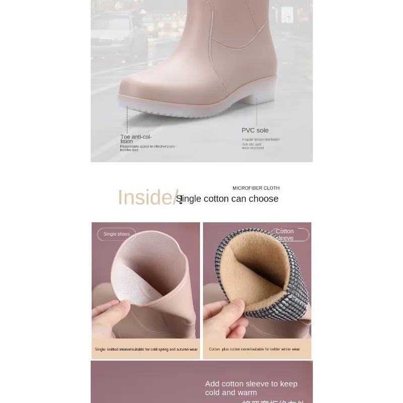 Women’s Fashion Mid-Tube Rain Boots – Wear-Resistant, Waterproof Rubber Shoes with Thick Sole, Non-Slip & Cotton Lining