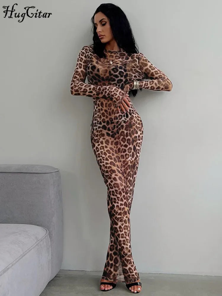 Hugcitar Leopard Print Mesh Long Sleeve Maxi Dress – Sexy Slim See-Through Fall Fashion for Women, Beach & Club Outfits