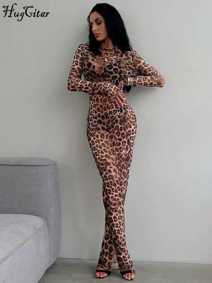 Hugcitar Leopard Print Mesh Long Sleeve Maxi Dress – Sexy Slim See-Through Fall Fashion for Women, Beach & Club Outfits