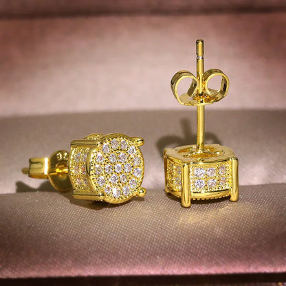 Austrian Crystal Round Stud Earrings - White Zircon Gold Tone Hip Hop Wedding Jewelry for Women
