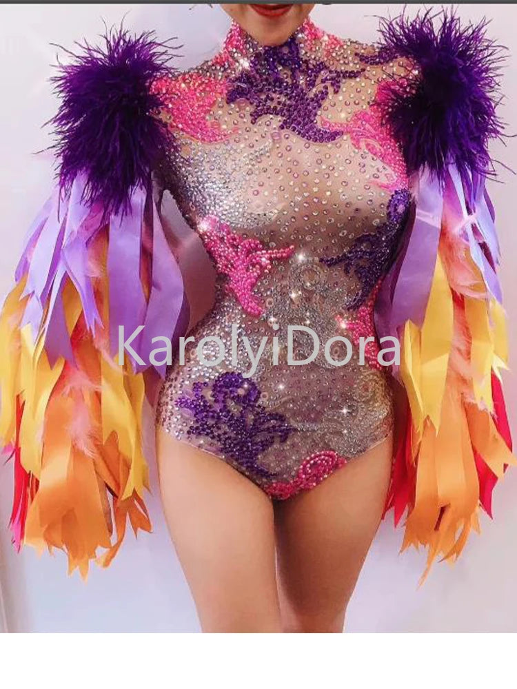 Colorful Feather Sleeve Rhinestone Bodysuit – Women’s Nightclub Party Dance Performance Costume