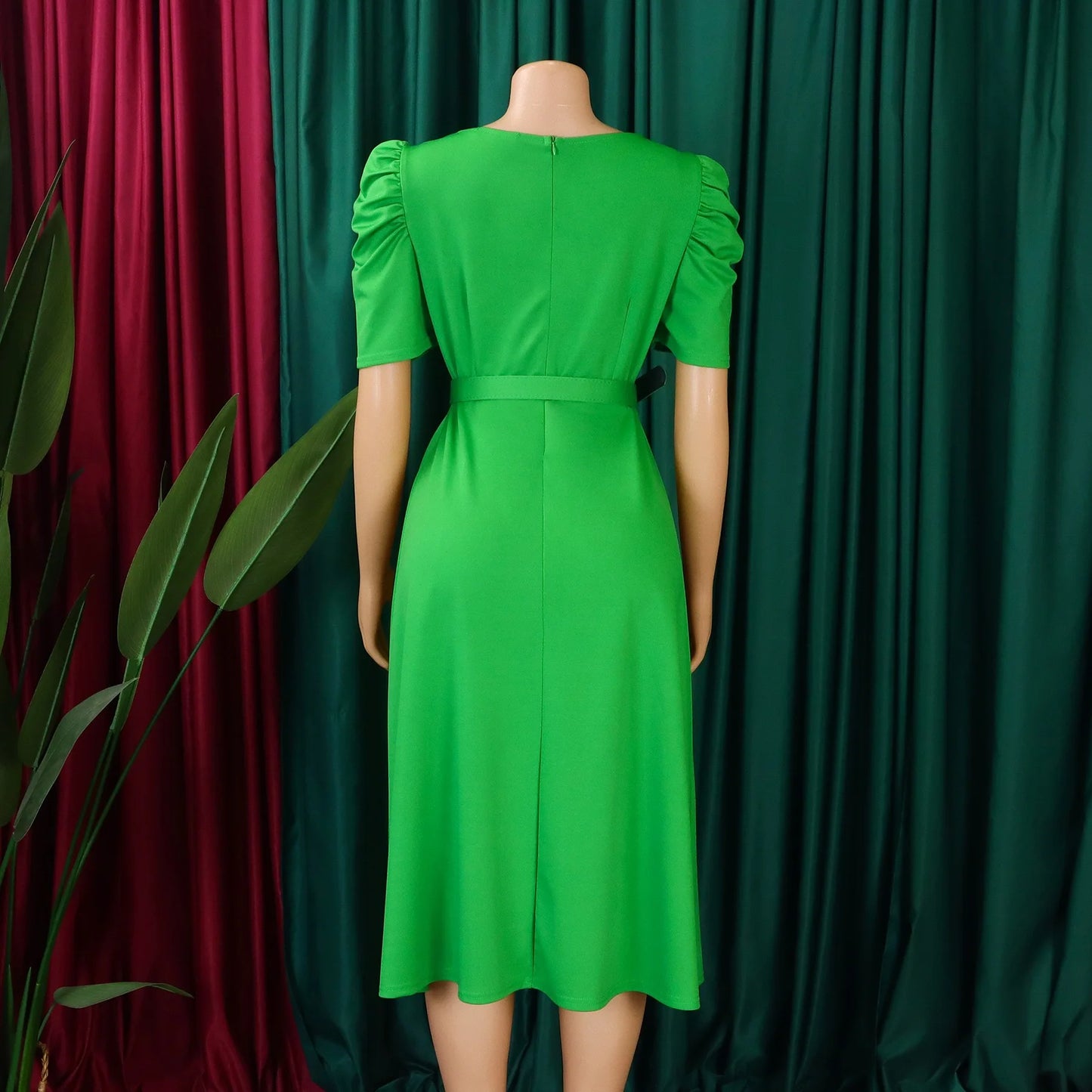 Women's Elegant V-Neck Party Dress - Pleated Mid-Calf Belted Dinner Dress