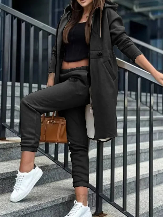 Autumn Winter Women's Hooded Jacket & Trousers Set – Casual Two-Piece Everyday Outfit