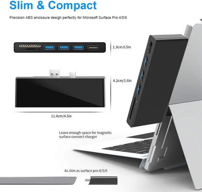 Surface Pro 6-in-1 USB 3.0 Hub - 4K DisplayPort Adapter with 3 USB Ports, SD & TF Card Reader for Surface Pro 4/5/6