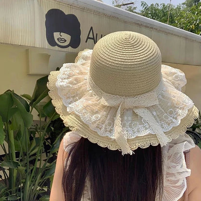 Funny Women’s Lace Straw Hat – Wide Brim Floppy Beach Sun Hat with Solid Fringe, Summer Outdoor Cap