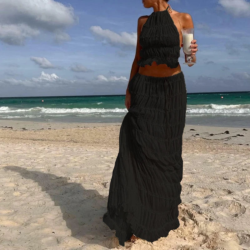 Women’s Boho Sexy Backless 2-Piece Set – Vintage Ruched Halter Cami Top & Maxi Skirt Beach Holiday Party Outfit