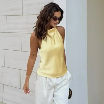 Women's Satin Halter Corset Top – Backless Elegant Sexy Summer Tank Vest in Yellow Pink Black