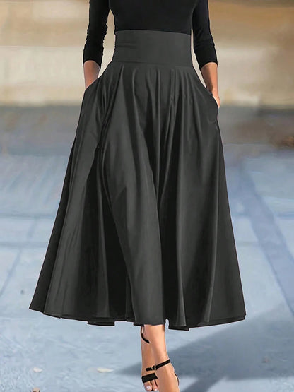 Women’s Solid Color A-Line Skirt – High Elastic Waist Long Elegant Skirt with Bow Detail Casual Fashion Skirt for Women Clothing