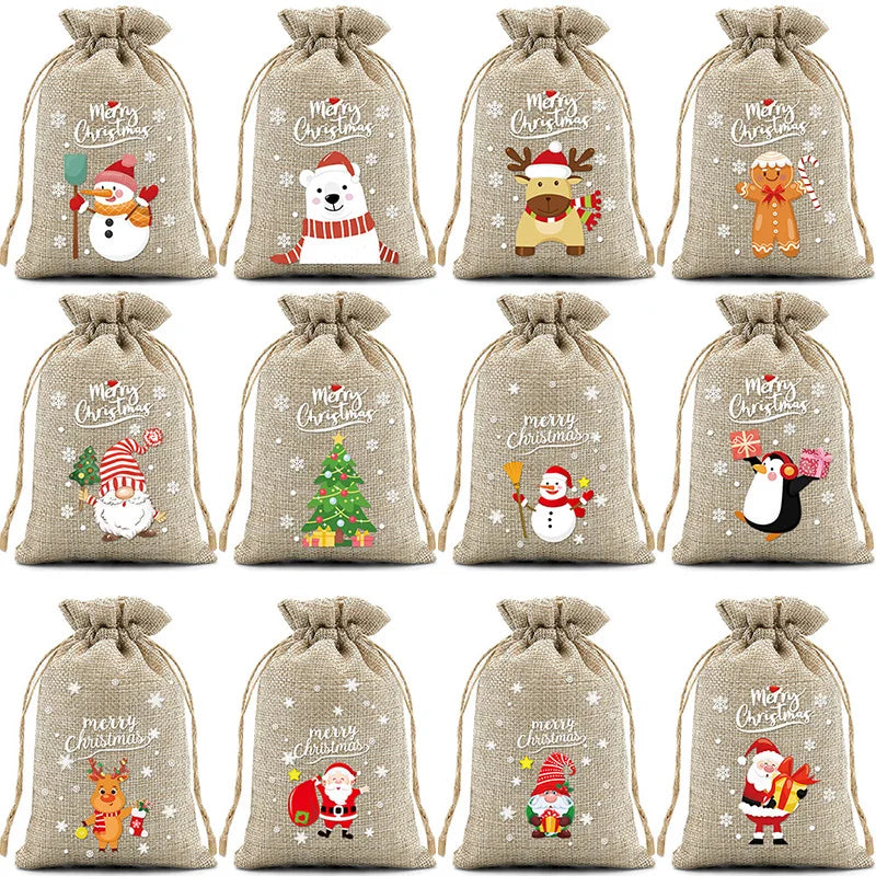 2025 Christmas Burlap Drawstring Gift Bag - Santa Candy Pouch for Holiday Present Packaging, Halloween & New Year Decor